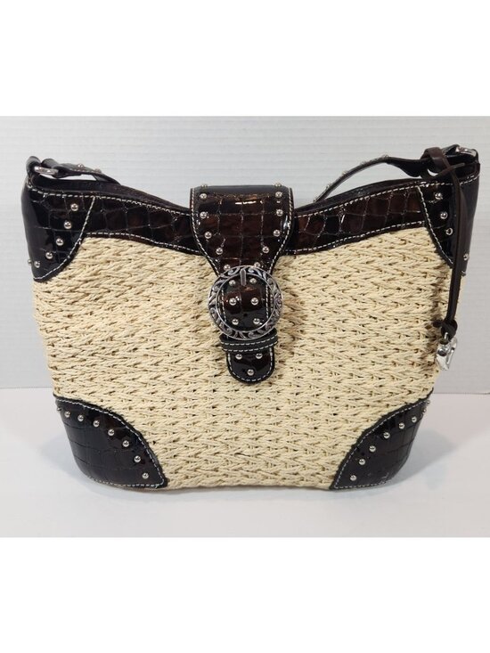 Brighton Handbags - Brighton Woven Tan Straw Studded Brown Leather Handbag Purse Bag DEFECT STRAP